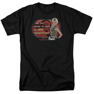 Black men's regular fit t-shirt with Stargate Arm Wrestle graphic