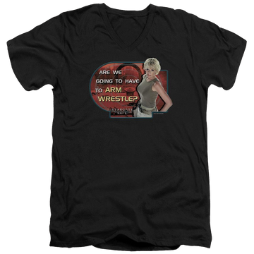 Black men's v-neck t-shirt with Stargate Arm Wrestle graphic