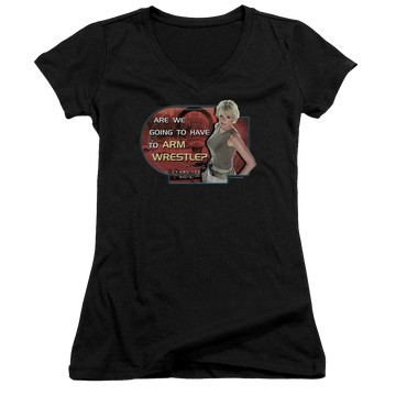 Black juniors v-neck t-shirt with Stargate Arm Wrestle graphic