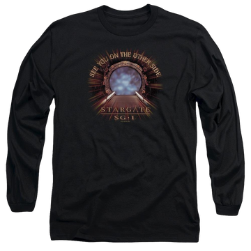Black men's long sleeve t-shirt with Stargate Other Side graphic