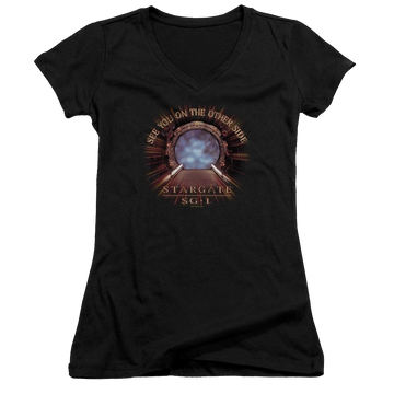 Black juniors v-neck t-shirt with Stargate Other Side graphic