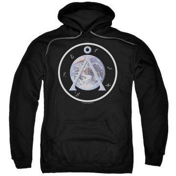 Black pullover hoodie with Stargate Earth Emblem graphic