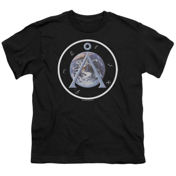 Black youth t-shirt for ages 8 to 12 with Stargate Earth Emblem graphic