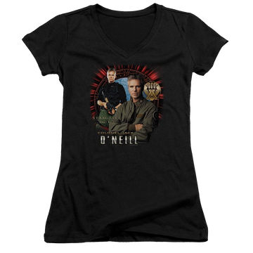 Black juniors v-neck t-shirt with Stargate Jack Oneill graphic