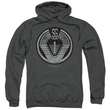 Charcoal pullover hoodie with Stargate Team Badge graphic