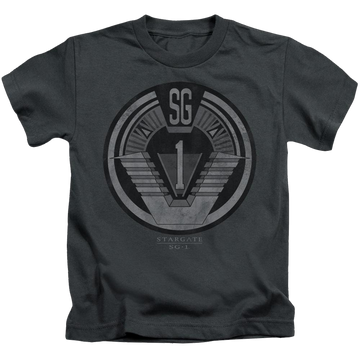 Charcoal kid's t-shirt for ages 4 to 7 with Stargate Team Badge graphic