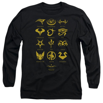 Black men's long sleeve t-shirt with Stargate Goauld Characters graphic