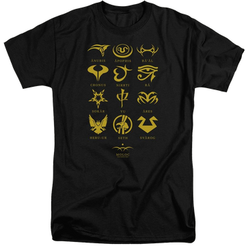 Black men's tall fit t-shirt with Stargate Goauld Characters graphic