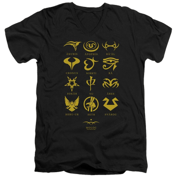 Black men's v-neck t-shirt with Stargate Goauld Characters graphic