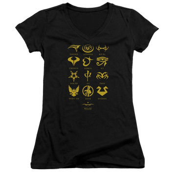 Black juniors v-neck t-shirt with Stargate Goauld Characters graphic