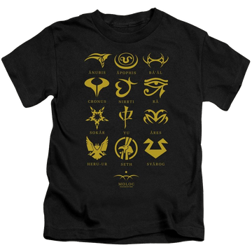 Black kid's t-shirt for ages 4 to 7 with Stargate Goauld Characters graphic