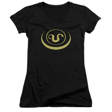 Black juniors v-neck t-shirt with Stargate Goauld Apothis Symbol graphic