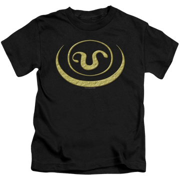 Black kid's t-shirt for ages 4 to 7 with Stargate Goauld Apothis Symbol graphic