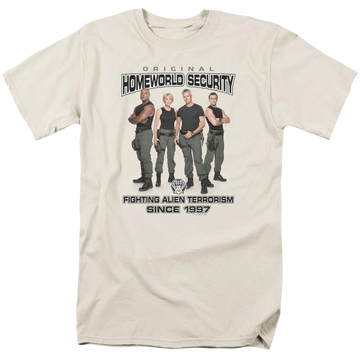 Cream men's regular fit t-shirt with Stargate Homeworld Security graphic