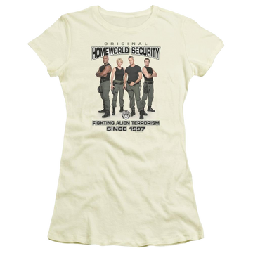 Cream juniors t-shirt with Stargate Homeworld Security graphic
