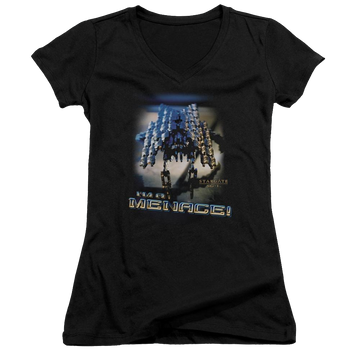 Black juniors v-neck t-shirt with Stargate Menace graphic