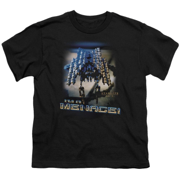 Black youth t-shirt for ages 8 to 12 with Stargate Menace graphic