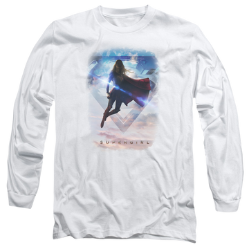 White men's long sleeve t-shirt with Superman Supergirl Endless Sky graphic