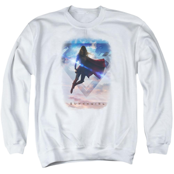 White men's crewneck sweatshirt with Superman Supergirl Endless Sky graphic