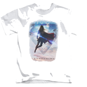 White kid's t-shirt for ages 4 to 7 with Superman Supergirl (TV Series) Endless Sky graphic