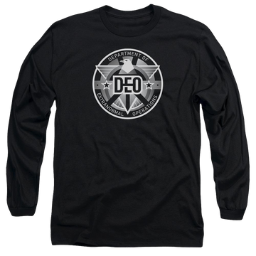 Black men's long sleeve t-shirt with Superman Supergirl Deo graphic