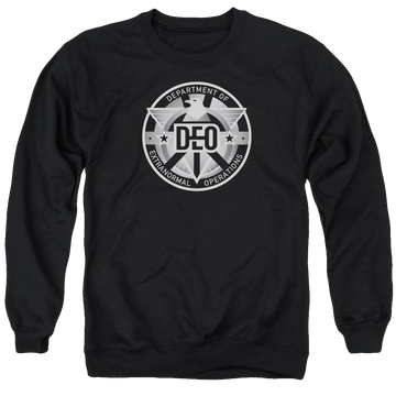 Black men's crewneck sweatshirt with Superman Supergirl Deo graphic