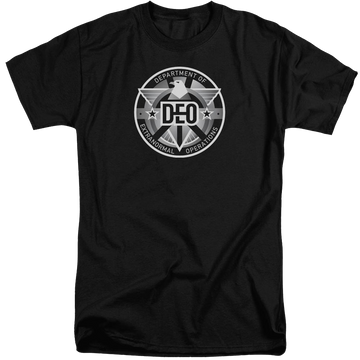Black men's tall fit t-shirt with Superman Supergirl Deo graphic