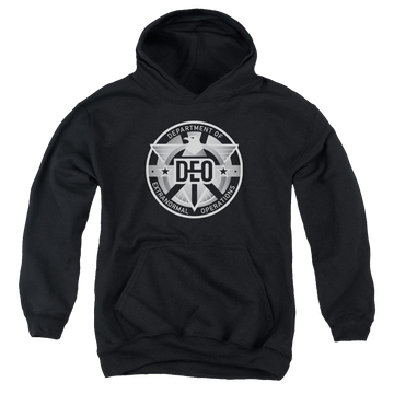 Black youth hoodie for ages 8 to 12 with Superman Supergirl (TV Series) Deo graphic