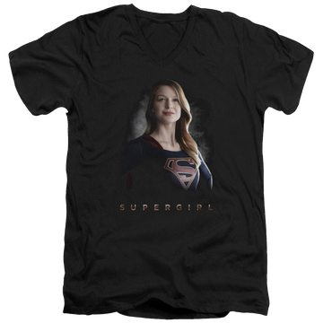 Black men's v-neck t-shirt with Superman Supergirl Stand Tall graphic