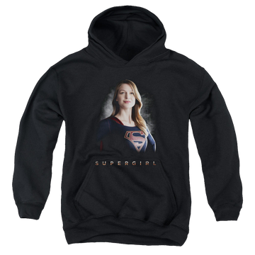 Black youth hoodie for ages 8 to 12 with Superman Supergirl (TV Series) Stand Tall graphic