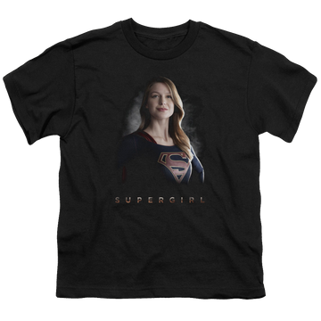 Black youth t-shirt for ages 8 to 12 with Superman Supergirl (TV Series) Stand Tall graphic