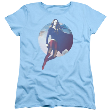 Light blue women's t-shirt with Superman Supergirl Cloudy Circle graphic