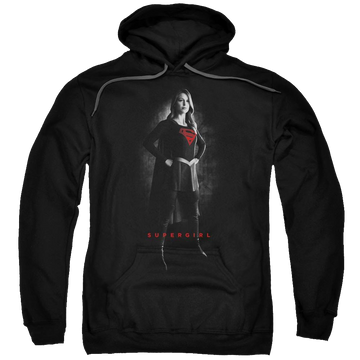 Black pullover hoodie with Superman Supergirl Noir graphic