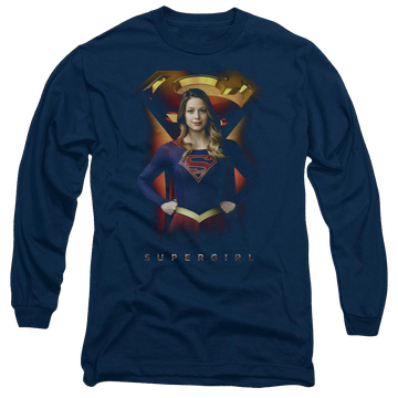 Navy men's long sleeve t-shirt with Superman Supergirl Standing Symbol graphic