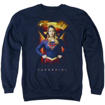 Navy men's crewneck sweatshirt with Superman Supergirl Standing Symbol graphic