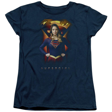 Navy women's t-shirt with Superman Supergirl Standing Symbol graphic