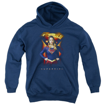 Navy youth hoodie for ages 8 to 12 with Superman Supergirl (TV Series) Standing Symbol graphic
