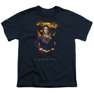 Navy youth t-shirt for ages 8 to 12 with Superman Supergirl (TV Series) Standing Symbol graphic