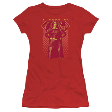 Red juniors t-shirt with Superman Supergirl Ready Set graphic