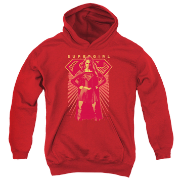 Red youth hoodie for ages 8 to 12 with Superman Supergirl (TV Series) Ready Set graphic