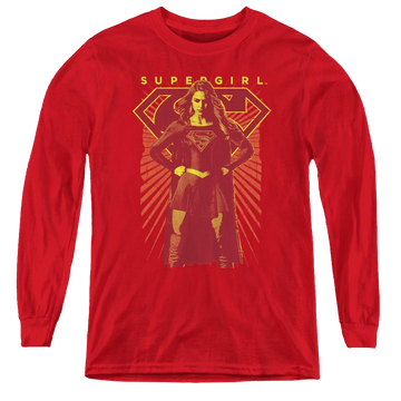 Red youth long sleeve t-shirt with Superman Supergirl (Tv Series) Ready Set graphic
