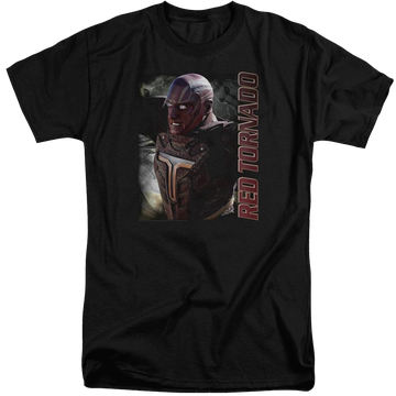 Black men's tall fit t-shirt with Superman Supergirl Red Tornado graphic
