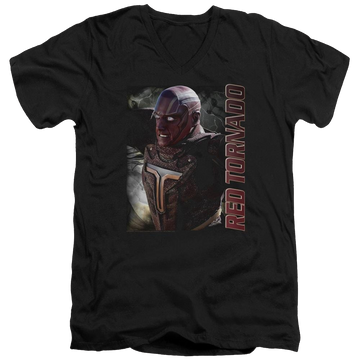 Black men's v-neck t-shirt with Superman Supergirl Red Tornado graphic
