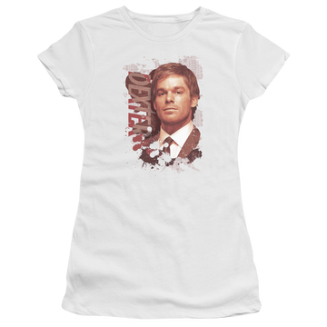 White juniors t-shirt with Dexter Splatter graphic