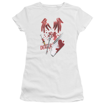 White juniors t-shirt with Dexter Tools Of The Trade graphic