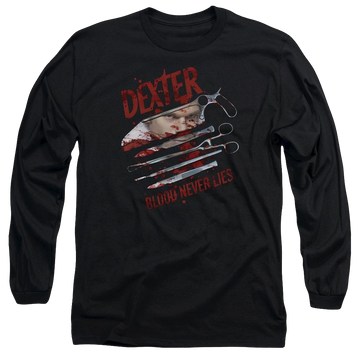 Black men's long sleeve t-shirt with Dexter Blood Never Lies graphic