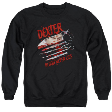 Black men's crewneck sweatshirt with Dexter Blood Never Lies graphic