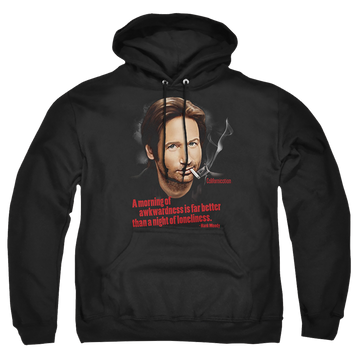 Black pullover hoodie with Californication Morning Night graphic