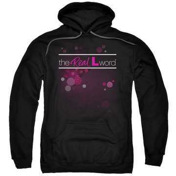 Black pullover hoodie with The Real L Word Flashy Logo graphic