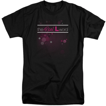 Black men's tall fit t-shirt with The Real L Word Flashy Logo graphic